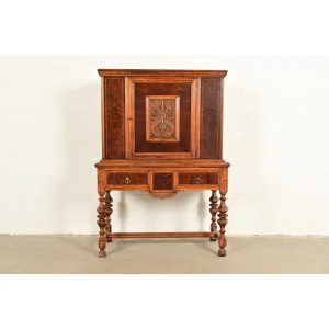 Early Romweber Antique English Jacobean Carved Oak and Burl Wood Bar Cabinet, Circa 1900