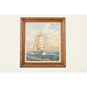 Georg Seekatz Reproduction Oil Painting on Canvas of Clipper Ship in Carved Giltwood Frame