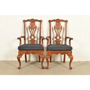 Henredon Georgian Carved Solid Oak Armchairs, Pair