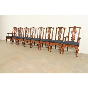 Henredon Georgian Carved Solid Oak Dining Chairs, Set of Eight