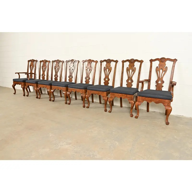 Henredon Georgian Carved Solid Oak Dining Chairs, Set of Eight