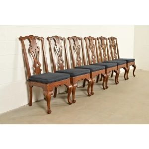 Henredon Georgian Carved Solid Oak Dining Chairs, Set of Six