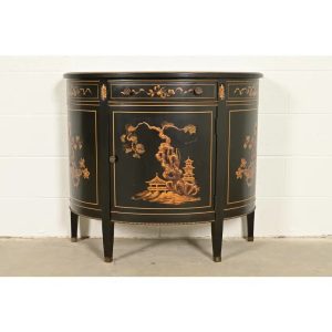 Imperial Furniture Grand Rapids French Regency Chinoiserie Black Lacquered Hand Painted Demilune Cabinet, Circa 1940s