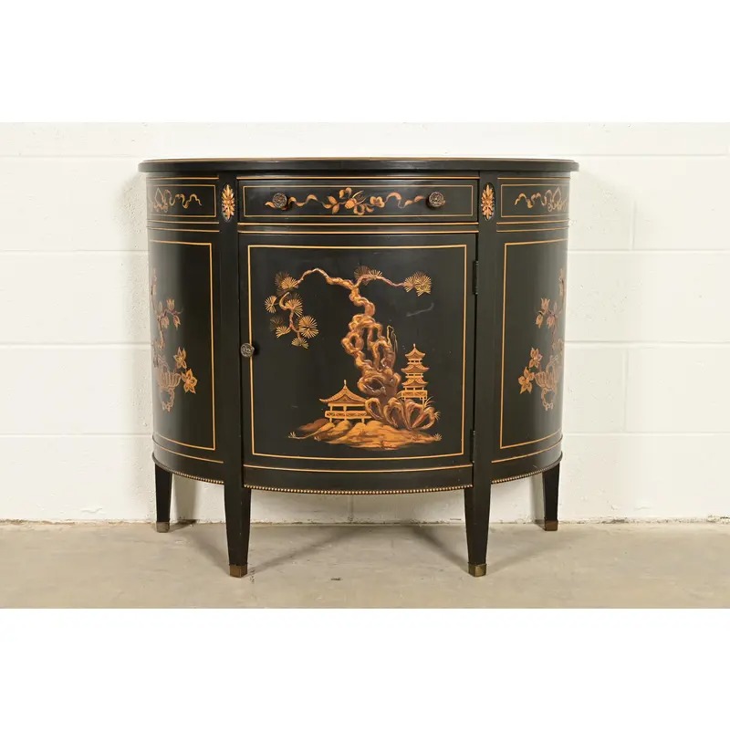 Imperial Furniture Grand Rapids French Regency Chinoiserie Black Lacquered Hand Painted Demilune Cabinet, Circa 1940s