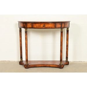 Maitland Smith Style French Empire Burl Wood and Gold Gilt Demilune Console Table
