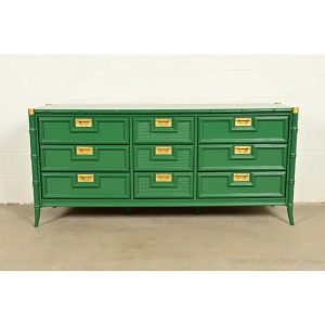 Mid-Century Hollywood Regency Campaign Green Lacquered Faux Bamboo Triple Dresser or Credenza by Stanley, Newly Refinished