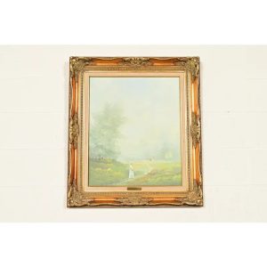 Original Artist Signed K. Kirum "Church in the Dale" Oil Painting in Carved Giltwood Frame