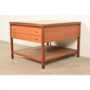 Paul McCobb Irwin Collection Mahogany, Brass, and Cane Leather Top Side Table or Nightstand, 1950s