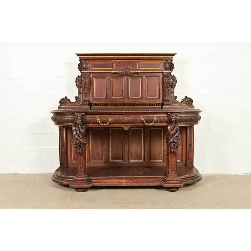 R. J. Horner Renaissance Revival Ornate Carved Oak Sideboard or Bar Cabinet, Circa 1880s