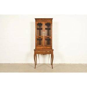 Baker Furniture French Provincial Louis XV Carved Oak Secretary Desk With Bookcase Hutch, Circa 1960s