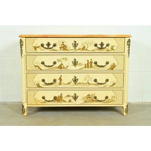 Baker Furniture Style French Regency Louis XVI Chinoiserie Cream Lacquered Dresser Chest