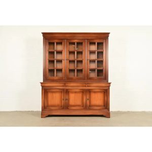 Grange French Louis Philippe Carved Cherry Wood Breakfront Bookcase Cabinet, Circa 1960s
