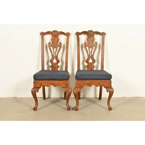 Henredon Georgian Carved Oak and Cane Side Chairs or Dining Chairs, Pair