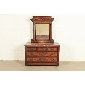 Herter Brothers Style Antique Eastlake Victorian Carved Burled Walnut Marble Top Dresser With Mirror, Circa 1880s