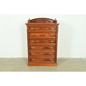 Herter Brothers Style Antique Eastlake Victorian Carved Walnut and Burl Wood Highboy Dresser, Circa 1880s