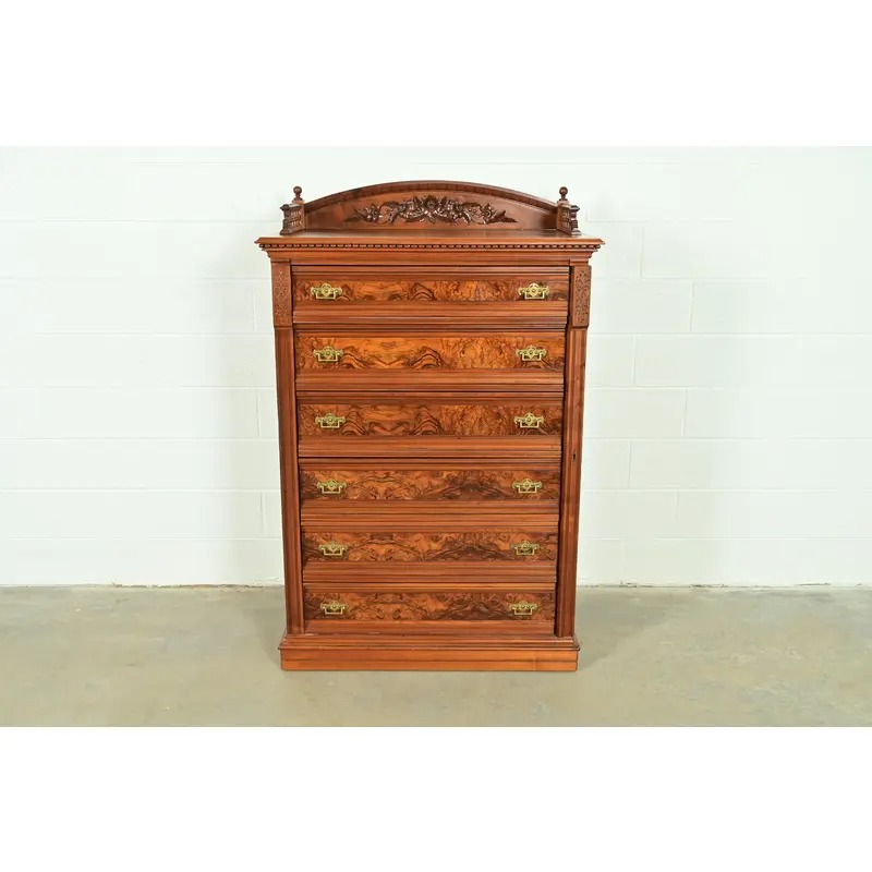 Herter Brothers Style Antique Eastlake Victorian Carved Walnut and Burl Wood Highboy Dresser, Circa 1880s