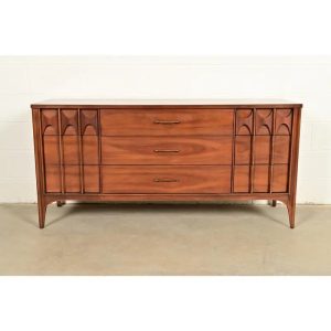 Kent Coffey Perspecta Sculpted Walnut Triple Dresser or Credenza, 1960s