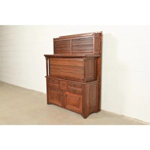 Antique Arts & Crafts Oak 27-Drawer Tambour Door Dental Cabinet by American Cabinet Co., Circa 1900