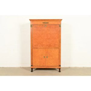 Baker Furniture French Empire Neoclassical Burl Wood Abattant Bar Cabinet, Circa 1980s