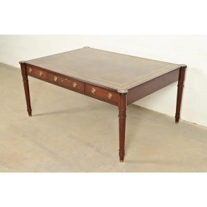 Baker Furniture Stately Homes Collection English Regency Carved Mahogany Leather Top Partner's Desk