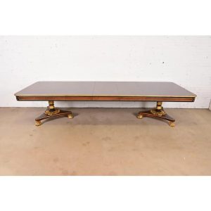 Baker Furniture Stately Homes Collection Mahogany, Burl Wood, and Parcel-Gilt Double Pedestal Extension Dining Table, Newly Restored