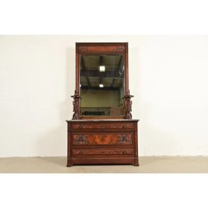 Bernheimer Collection Antique Monumental Eastlake Victorian Burled Walnut and Marble Top Vanity or Dressing Table With Mirror, Circa 1880s