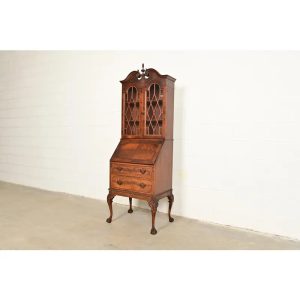 Chippendale Flame Mahogany Drop Front Secretary Desk With Bookcase Hutch by Saginaw Furniture, Circa 1920s