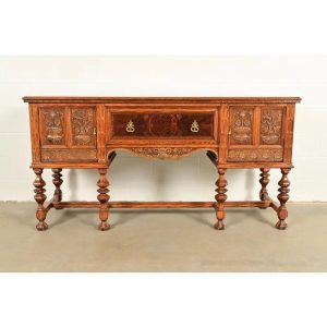 Early Romweber Antique English Jacobean Carved Oak and Burl Wood Sideboard, Circa 1900