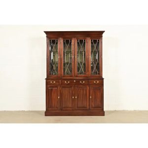 Ethan Allen Knob Creek Georgian Carved Mahogany Lighted Breakfront Bookcase Cabinet