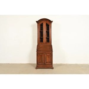 Guido Zichele Style Italian Provincial Carved Walnut Drop Front Secretary Desk With Lighted Bookcase Hutch, Circa 1970s