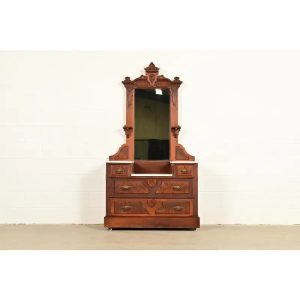 Herter Brothers Style Antique Eastlake Victorian Carved Burled Walnut Marble Top Vanity Dresser With Mirror, Circa 1880s