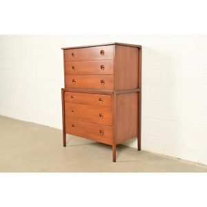 John Van Koert for Drexel Counterpoint Mid-Century Modern Sculpted Walnut Highboy Dresser, 1950s