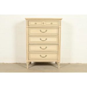 John Widdicomb Style French Regency Louis XVI Cream Lacquered Highboy Dresser, Circa 1960s