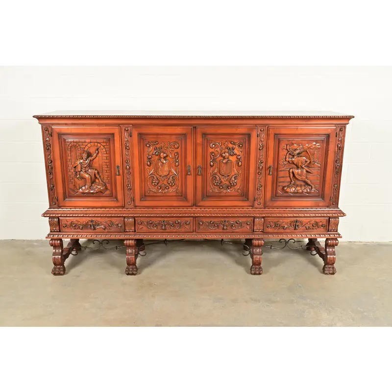 Antique Spanish Renaissance Revival Monumental Ornate Carved Walnut Sideboard or Bar Cabinet - Image 2