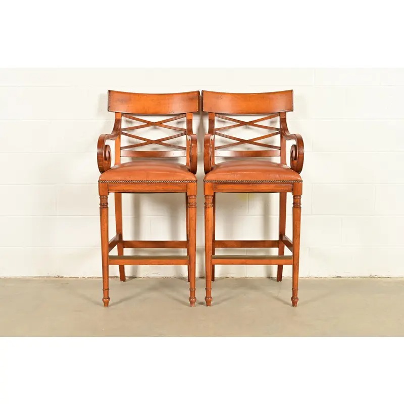 Baker Furniture English Regency Carved Walnut Bar Stools, Pair - Image 2