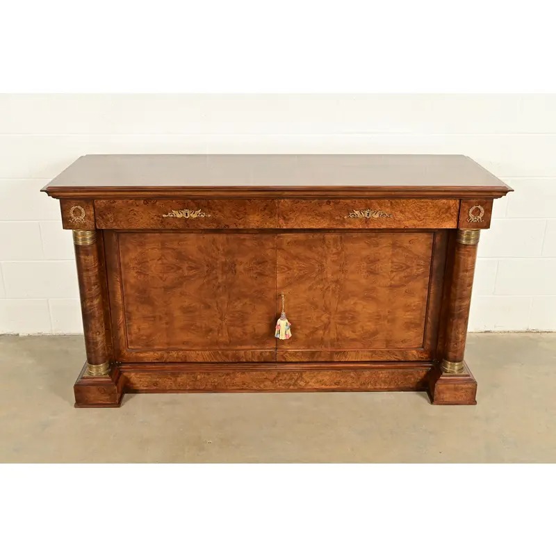 Baker Furniture Style French Empire Burl Wood Sideboard or Bar Cabinet With Mounted Ormolu - Image 2