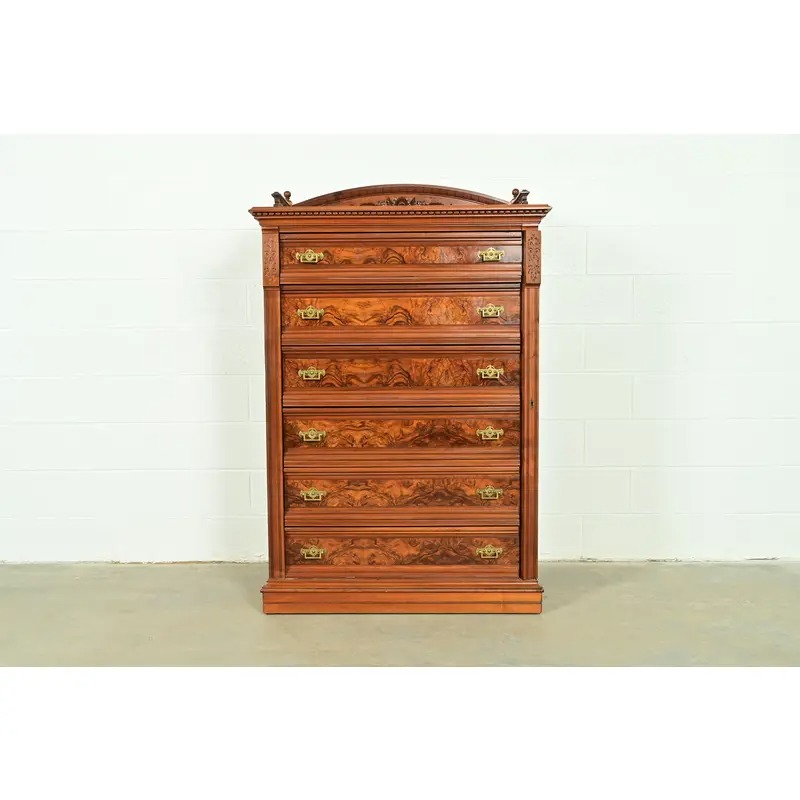 Herter Brothers Style Antique Eastlake Victorian Carved Walnut and Burl Wood Highboy Dresser, Circa 1880s - Image 2