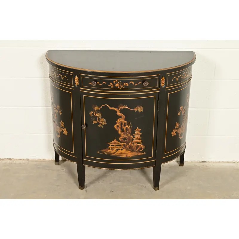 Imperial Furniture Grand Rapids French Regency Chinoiserie Black Lacquered Hand Painted Demilune Cabinet, Circa 1940s - Image 2