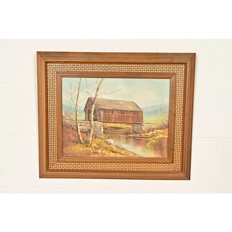 Original Artist Signed Oil Painting on Canvas Rural Landscape of "Covered Bridge" in Carved Walnut and Woven Rattan Frame - Image 2