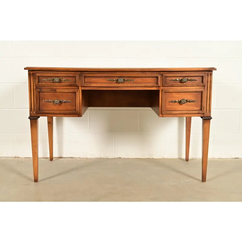 Sligh Furniture French Regency Louis XVI Carved Walnut Leather Top Writing Desk, Circa 1960s - Image 2