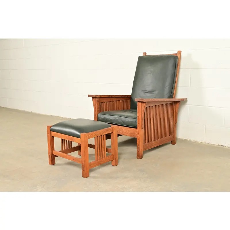 Stickley Mission Oak Arts & Crafts Reclining Morris Lounge Chair With Ottoman - Image 2