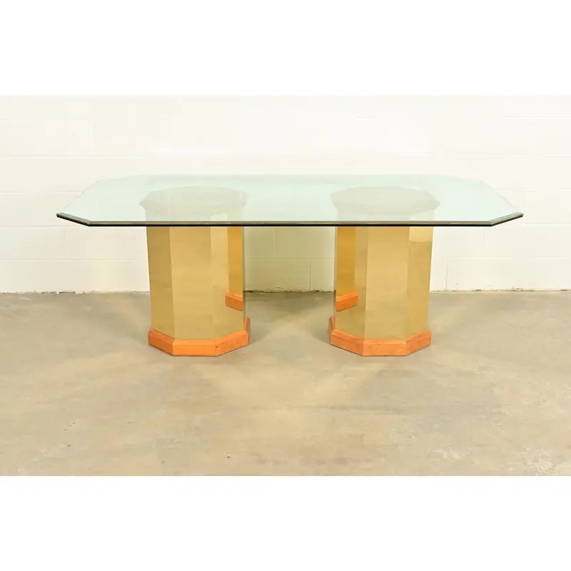 Thomasville Modern Art Deco Brass and Glass Double Pedestal Dining Table, Circa 1980s - Image 2