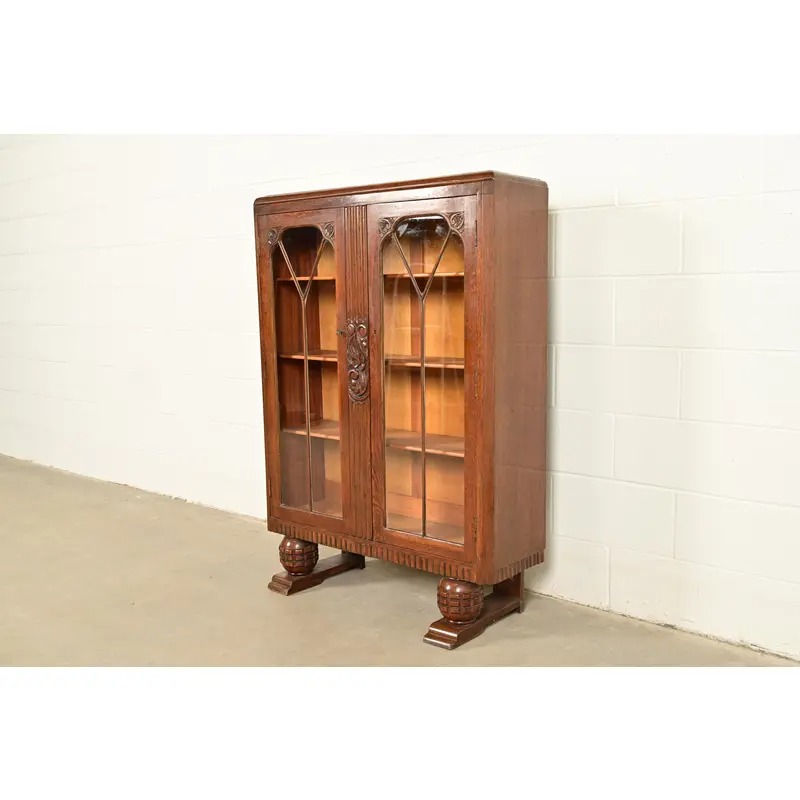 Antique English Art Deco Carved Oak Bookcase or Display Cabinet, Circa 1930s - Image 3