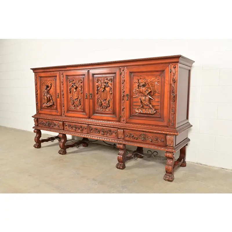 Antique Spanish Renaissance Revival Monumental Ornate Carved Walnut Sideboard or Bar Cabinet - Image 3