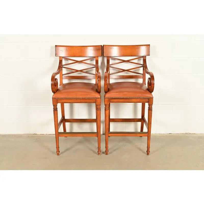 Baker Furniture English Regency Carved Walnut Bar Stools, Pair - Image 3