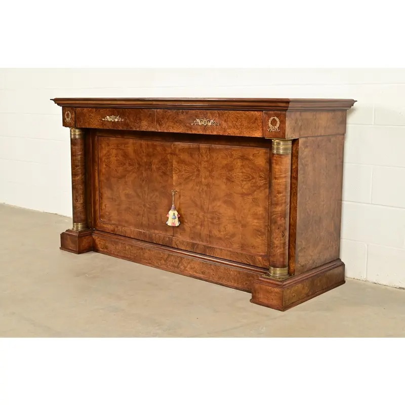 Baker Furniture Style French Empire Burl Wood Sideboard or Bar Cabinet With Mounted Ormolu - Image 3