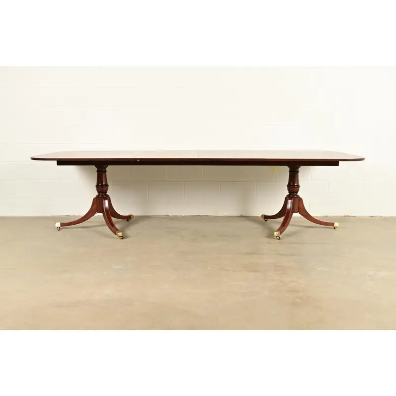 Baker Furniture Style Georgian Mahogany Double Pedestal Extension Dining Table, Newly Refinished - Image 3