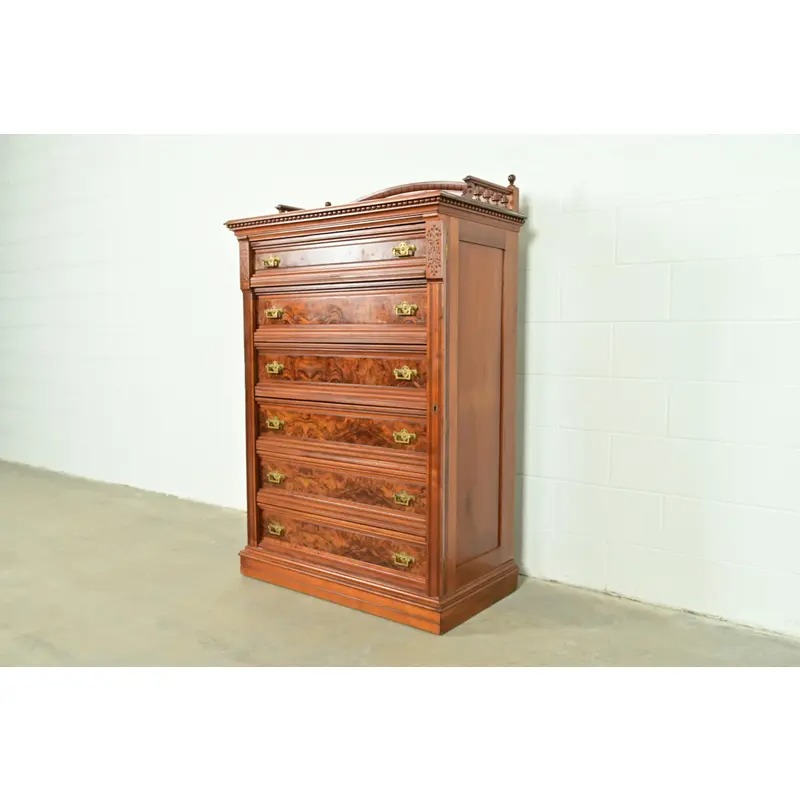 Herter Brothers Style Antique Eastlake Victorian Carved Walnut and Burl Wood Highboy Dresser, Circa 1880s - Image 3