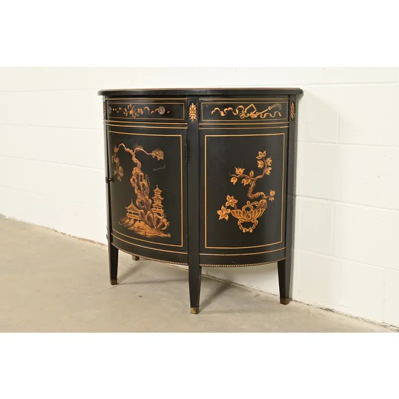 Imperial Furniture Grand Rapids French Regency Chinoiserie Black Lacquered Hand Painted Demilune Cabinet, Circa 1940s - Image 3