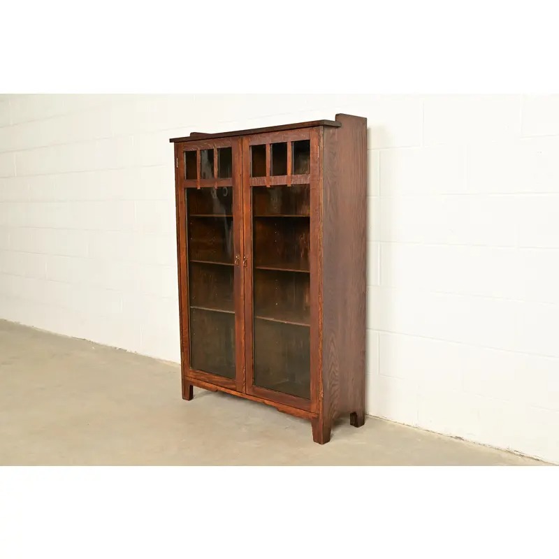 Limbert Style Antique Mission Oak Arts & Crafts Glass Front Bookcase Cabinet, Circa 1910 - Image 3